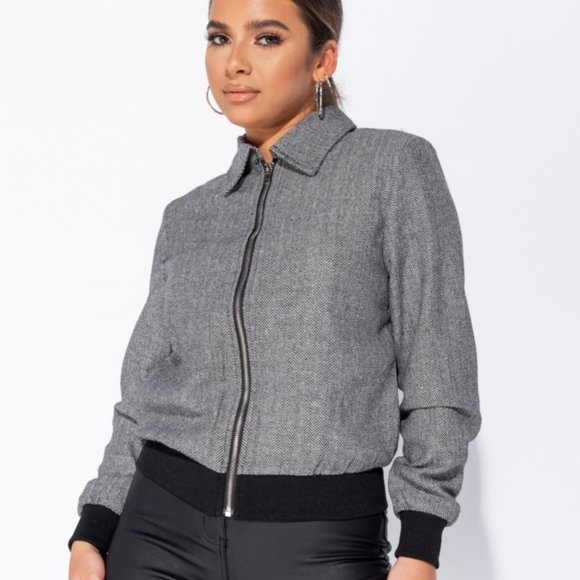 Gray Herringbone Tweed Long Sleeve Bomber Jacket - Picture 7 of 11